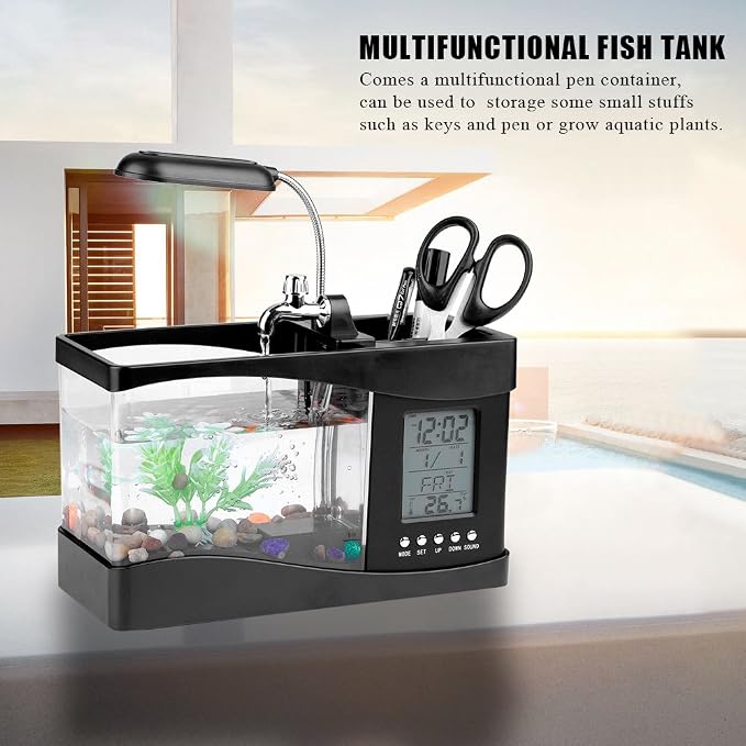 Mini Fish , Multifunctional USB Rechargeable Fish Desktop Electronic Aquarium with Clock Function LED Light Pen Holder for Office, Home
