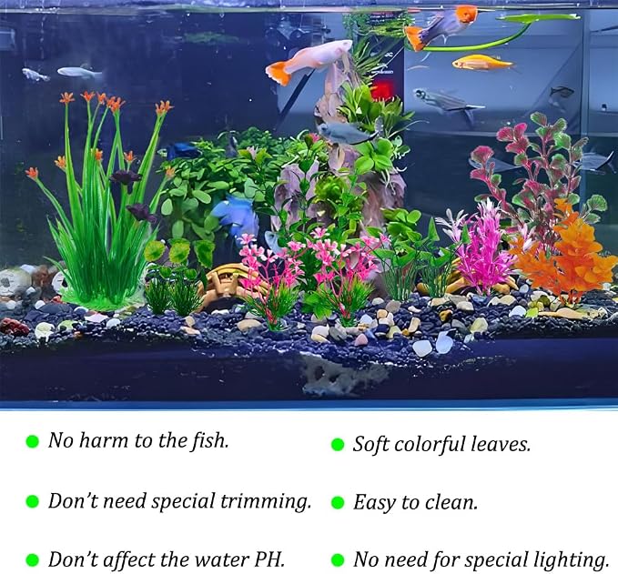 11 PCS Premium Fish Tank Accessories or Fish Tank Decorations,a Variety of Sizes and Styles of Aquarium Plants,Colorful Plastic Plants