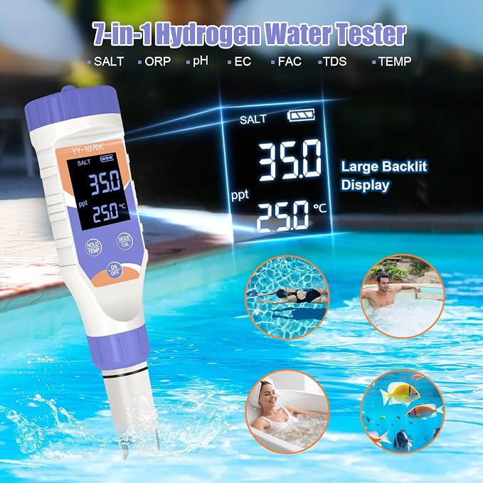 7-in-1 Digital Pool Water Tester, Accurate Chlorine, pH, Salt, ORP, EC, TDS & Temperature Meter for Saltwater Pools, Hot Tubs, Aquariums, Spas & Hydroponics