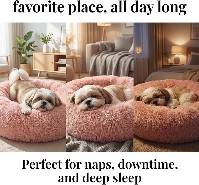 Calming Donut Dogs Beds for Small Dogs Washable,23inch Plush Round Pet Bed for Cozy Sleep,Fluffy Faux Fur Large Cat Bed,Fits up to 25 lbs Pets,Pink