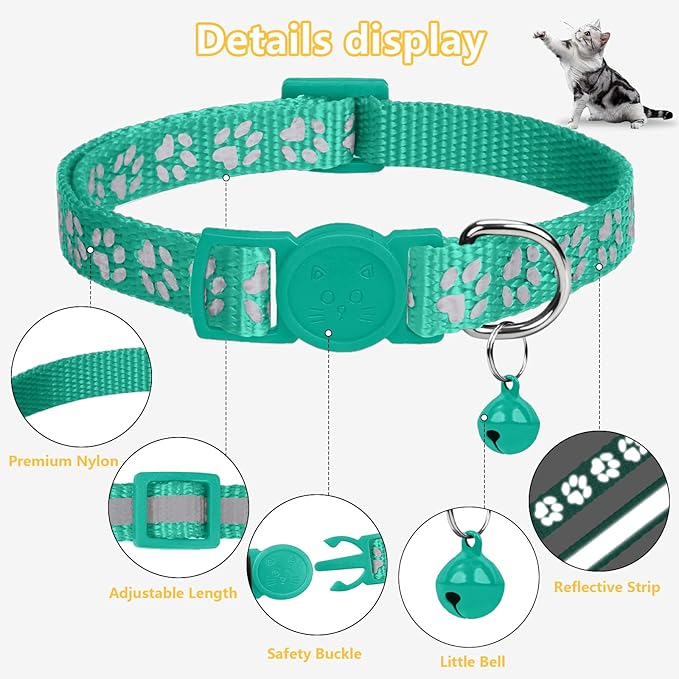 Taglory Kitten Collar Breakaway with Bell, Reflective Soft Cat Collar for Small Kittens, Adjustable 6-8 Inch High Visibility Night Strip, Lightweight for 2-6 Months Baby Cats, 2 Pack, Turquoise