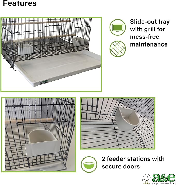 A&E Cage Co 503 Flight Cage – 24"x16"x16" Small Bird Cage with Slide-Out Tray, Wood Perch, Dual Feeding Stations & Carry Handle – Black Powder Coated Cage for Finches, Canaries & Small Birds