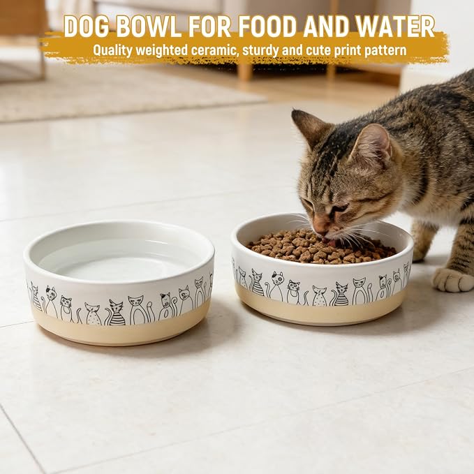 Elevated Ceramic Cat Bowls with Wooden Stand，6.1inch Raised Cat Bowls with Cute Pattern for Small and Medium Breed Dogs,2 Pack Cats Food and Water Bowl Set,Weighted Pet Dishes Dishwasher Safe