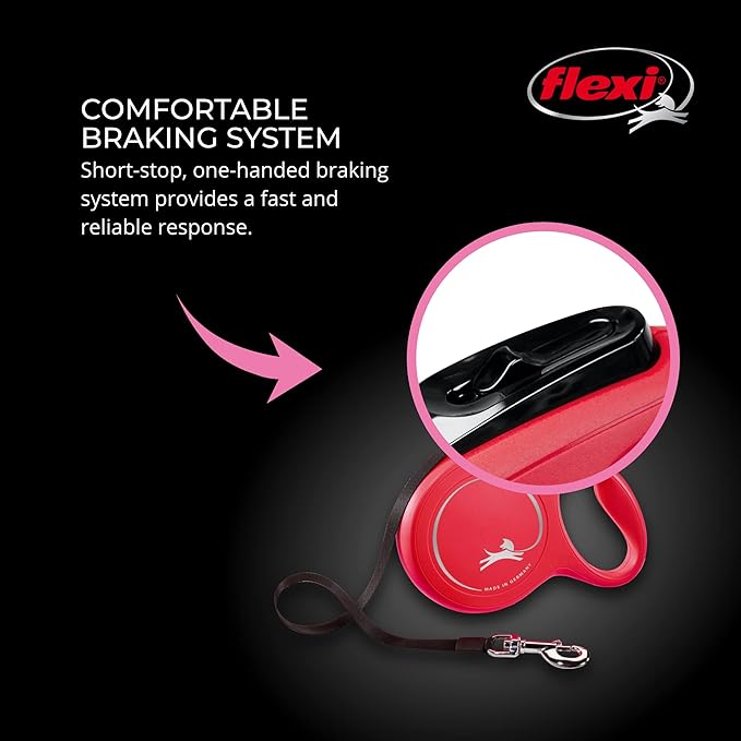 FLEXI New Classic Tape Retractable Dog Leash for Small Dogs Upto 33 lbs. – 16 ft., Red | Tangle Free Pet Walking Leash with One-Handed Brake, Pause, Lock|German Quality Product