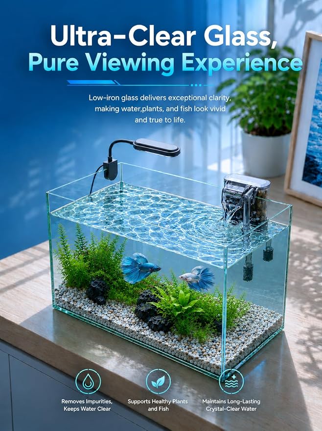 5-Gallon Ultra-Clear Glass Fish Tank Starter Kit, LED Light, Reusable 3-Stage Filter, Lid, Easy Maintenance Rimless Aquarium for Betta and Small Fish