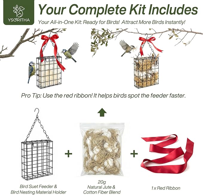 Bird Nesting Material Holder, Pet Fur Bird Nest Holder, with Jute Fiber & Red Ribbon to Attract Wild Birds, Reusable Bird Nesting Holder for Nest Building