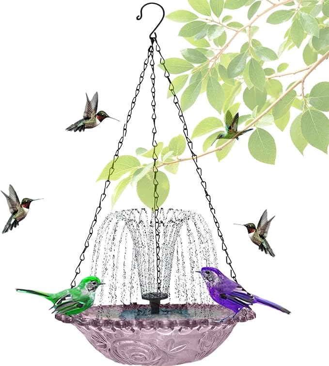 Hanging Solar Bird Bath Fountain with Solars Pump & Bowl & Chains Large Humming Solar Water Fountains with Flowing Water for Outdoor Garden Backyard Patio Lawn(Purple)
