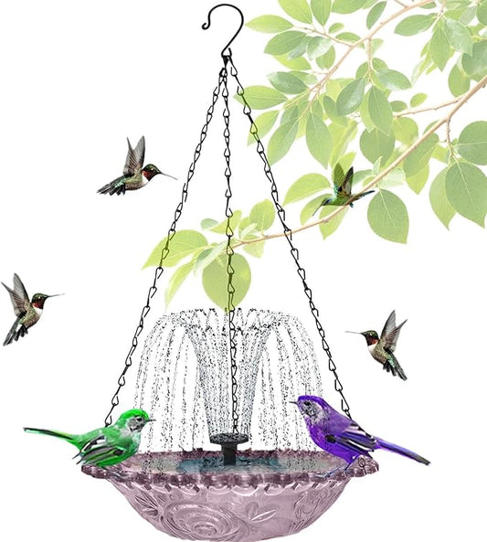 Hanging Solar Bird Bath Fountain with Solars Pump & Bowl & Chains Large Humming Solar Water Fountains with Flowing Water for Outdoor Garden Backyard Patio Lawn(Purple)