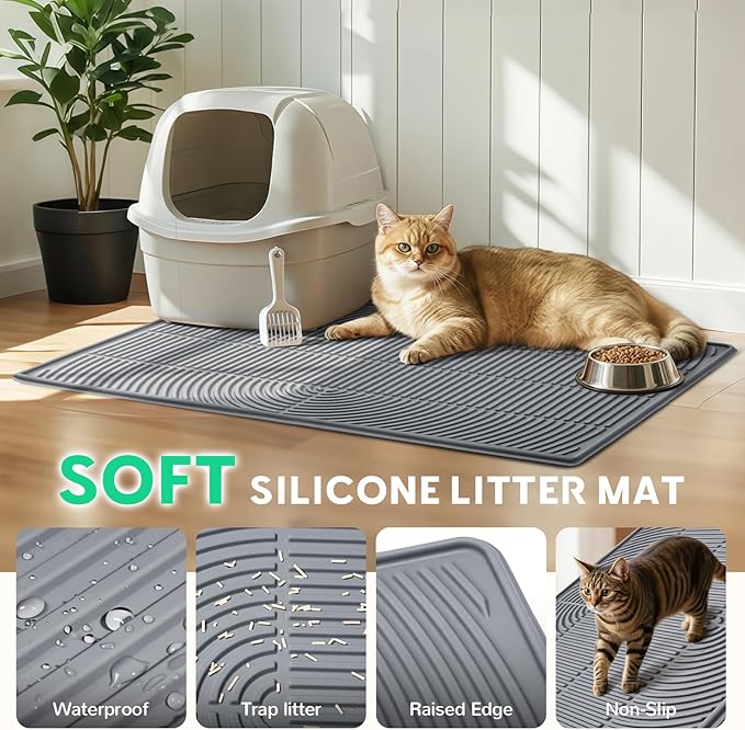 Pawtasy Cat Litter Box Mat,40" x 28" Extra Large Silicone Waterproof Litter Trapping Mat for Scatter Control Soft on Kitty Paws Non-Slip Easy to Clean