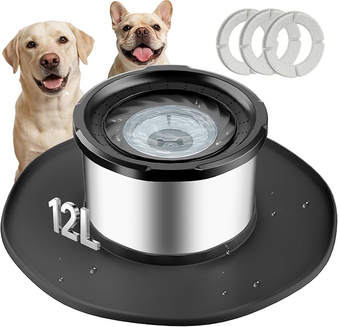 Decflow 12L No Spill Dog Water Bowl for Large Dogs, Stainless Steel Spill Proof Bowls with Suction Cup Anti-Skid Mat, Slow Feeder for Messy Drinkers, Heavy Duty Pet Bowls for Indoor/Outdoor Black
