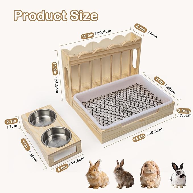3-in-1 Rabbit Hay Feeder with Litter Box, Sturdy Wooden Hay Feeder Set for Guinea Pigs, Chinchillas, Hamsters, Ferret, Rabbits and Other Small Animal