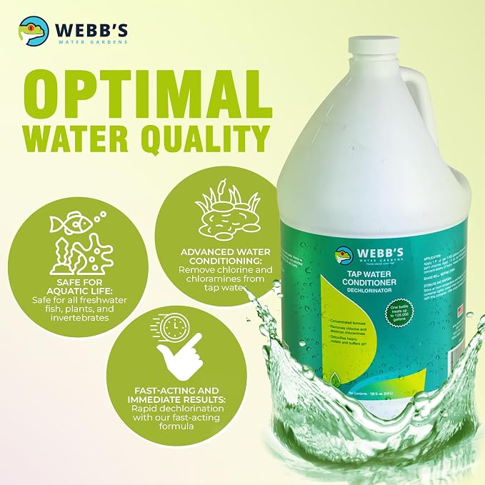 Webb's Water Gardens Essential Tap Water Conditioner Dechlorinator - Ideal for Ponds, Freshwater & Aquariums - Concentrated Formula for Dechlorinated Water - Liquid Supplies for Aquatic Pets - 1 gal