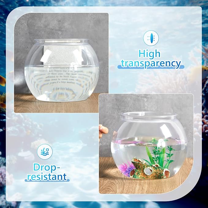1 Gallon Plastic Betta Fish Bowl with 6 Pcs Artificial Plastic Plants and 500g Decorative Gravel, Betta Fish Tank and Decoration Accessories Small Large Bowl Ornaments Starter Kit