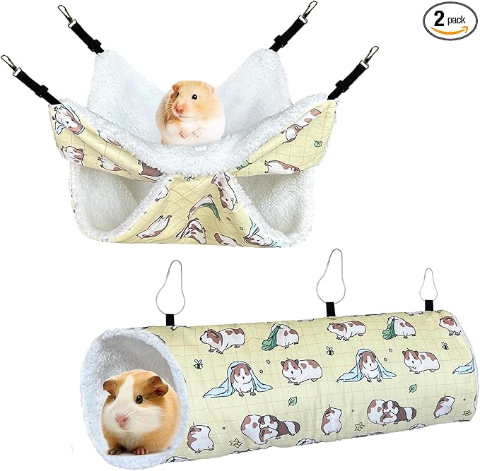 Small Pet Hammock & Tunnel Set for Ferrets, Guinea Pigs, Rats - Plush Hideout Bed & Cage Toy, 2-Pack, Yellow Guinea Pig Print
