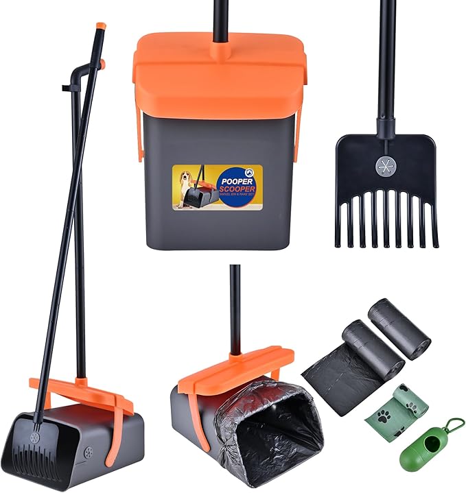 Dog Pooper Scooper for Large Dogs, 46" Long Handle Adjustable Pooper Scooper for Large Dogs，Dog Pooper Scooper with 55 Waste Bags，Large Capacity Swivel Bin & Rake
