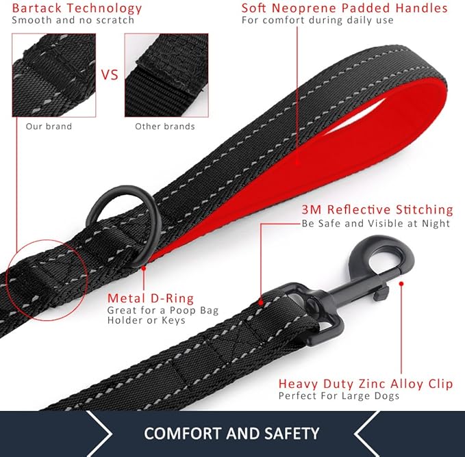 Plutus Pet Double Handle Dog Leash 5ft, Heavy Duty, Reflective Dual Handle Dog Leash for Safety Training, for Medium Large Dogs,2 Handle Leads(Black)