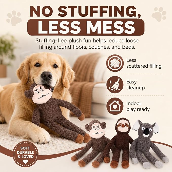 No Stuffing Dog Toys, 3-Pack Squeaky Crinkle Set | 3-pack stuffing-free plush dog toys with squeakers and crinkle sound for supervised indoor play, fetch, tug, and teething