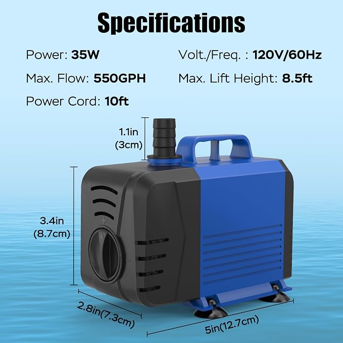 550GPH Submersible Pump(2000L/H, 35W), Water Fountain Pump with Over Heating Protection, Ultra Quiet Water Pump for Aquariums, Ponds, Hydroponics, Fountains