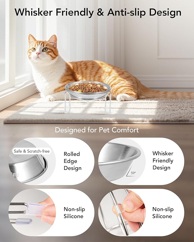 Elevated cat Bowl, 6.3" Wide Raised Stainless Steel Cat Food and Water Dishes, Small Dog Bowl, Whisker Friendly, Anti-Vomiting, Neck Stress-Free, Non-Slip Stainless Steel Stand with 4 Legs- 4Pack