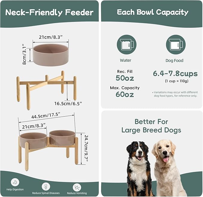 Havniva Ceramic 8.2inch Raised Dog Bowl with Stand for Large- Breed Dogs, Pet Food and Water Feeder (Double Bowl with Stand - Brown Coffee)