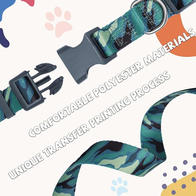 Print Patterned Dog Collar Leash Set, Adjusted Quick-Release Plastic Buckles and Heavy-Duty Steel D-Ring Nylon Collar Leash Set Strong Durable, Green Camo,S