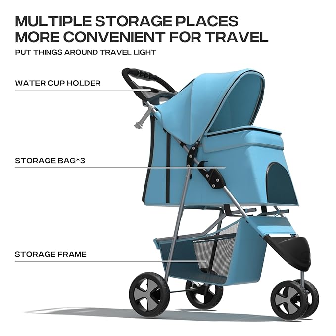 Pet Stroller for Small Dogs 10 lbs, Dog Stroller for Medium Dogs 30 lbs, Cat Strollers for 2 Cats, 3 Wheels Foldable Jogger Puppy Stroller with Storage Basket and Cup Holder, Mint