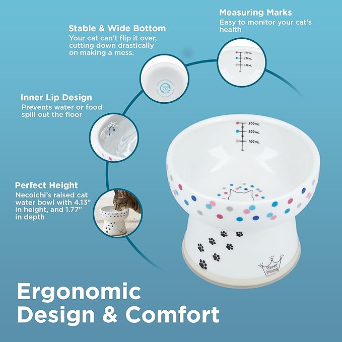 Necoichi Elevated Cat Water Bowl – Ceramic Raised Cat Bowl, Prevents Neck & Whisker Fatigue – Dishwasher & Microwave Safe – Pet Water Bowl for Cats (Colorful Dots, Extra Tall)