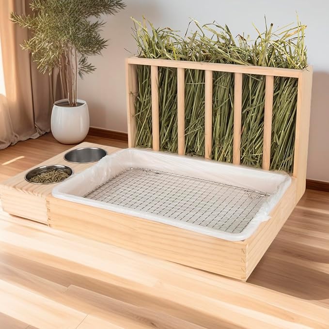 BESNEW 3 in 1 Rabbit Hay Feeder with Litter Box,Upgraded Wooden Hay Feeder Set for Guinea Pig Chinchilla Bunny Other Small Animals,Quick Cleaning & Large Capacity & Preventing Waste