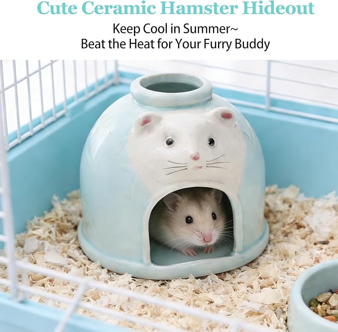 Ceramic Hamster Hideout Syrian Hamster House and Habitat Gerbil Hideaway Cooling Cave for Rat Mice Cage Decor Accessories (Blue)