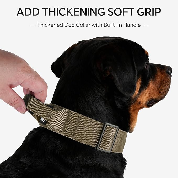 Tactical Thick Dog Collar, Adjustable Training Nylon Dog Collar, Heavy Duty Metal Buckle & Control Handle for Small Medium Large Dogs (L, Khaki)