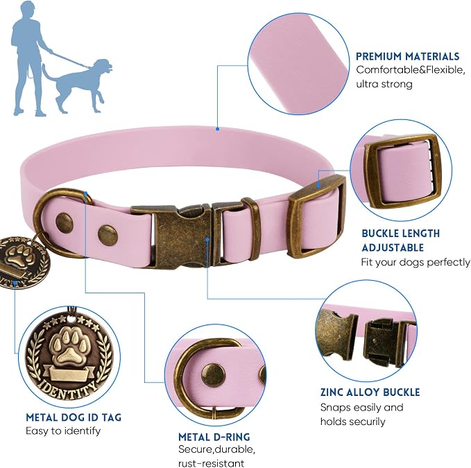 Wisedog Waterproof Dog Collar and Leash Set, M, Pale Pinkish Purple | Adjustable Puppy Collar, Cute Tag, 5FT Leash, Includes Poop Bag, For Small Medium Large Dogs