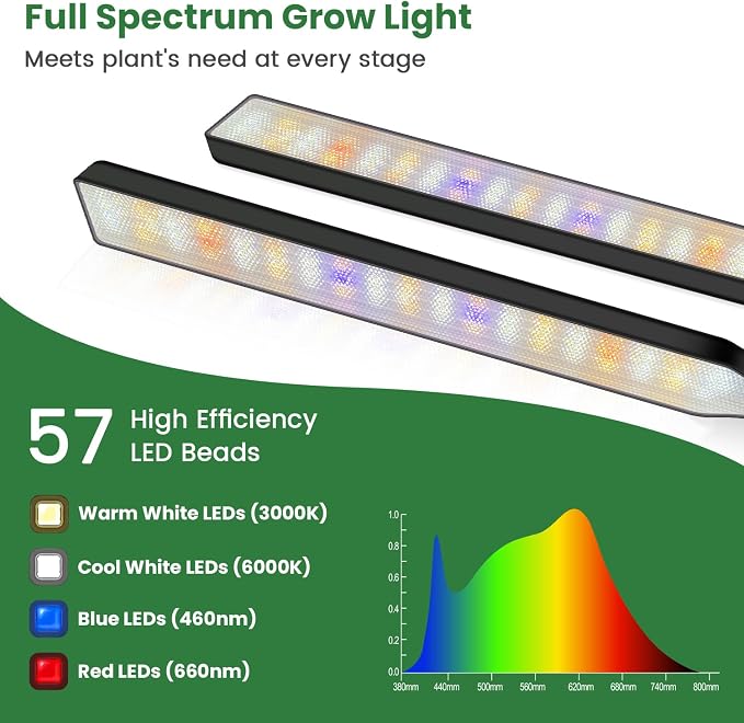 Kullsinss Clip-on Plant Lights for Indoor Growing, 57 LEDs 10W Grow Light | Full Spectrum Grow Lamp with Timer & Dimmable, Black Gooseneck Plant Lamp for Seed Starting, Succulents, Seedlings