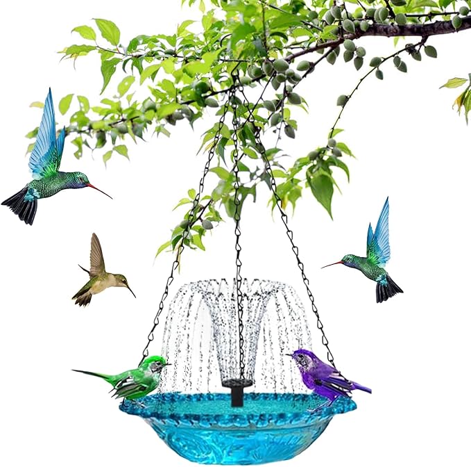 warmow Hanging Bird Bath Fountain, Outdoor Water Fountain, Hanging Bird Bath with Water for Outdoors Garden Patio Backyard Lawn Decor (USB-Powered Single-Layer, Blue)
