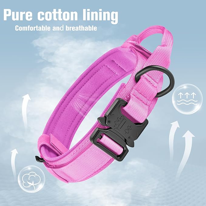 HYDEME Tactical Dog Collar Adjustable Nylon Collar with Control Handle and Heavy Metal Buckle for Medium and Large Dogs, with Patches&Airtags Case&Poop Bag Dispenser&Portable Bowl.(XL, Pink)