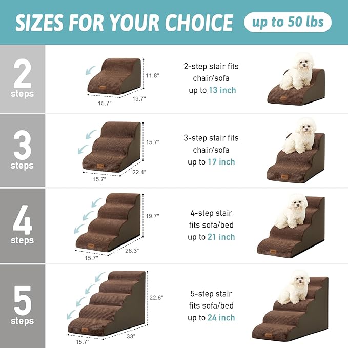 COZY KISS Dog Stairs for Small Dogs 11.8" H, Pet Step with Leakproof Cover, High Density Foam Cat Ramp for Chair or Sofa, Lightweight, Durable, Comfort, 15.7x19.7x11.8 inch, 2 Step, Brown