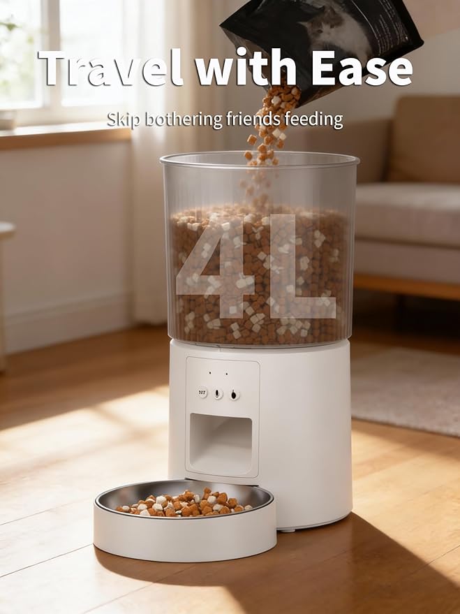Automatic Cat Feeder, 2.4GHz WiFi Automatic Dog Food Dispenser, Fresh Protection, 4.5L Timer Feeder, Personalized Recording 10 Seconds, Easy to Clean, Stainless Steel Bowl (Single/White)