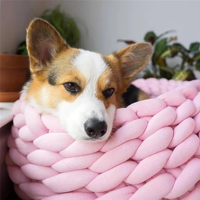 Woven Dog Bed Basket, Knitted Cotton Cat Bed Round Washable Woven Cat Pet Bed Chunky Dog Basket, Orthopedic, Chunky Knit Dog Nest,Dog Bed,Dog Cave,Dog Bedding(Green,21")