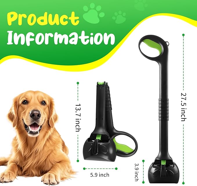 27.5" Dog Pooper Scooper, Pooper Scooper for Large, Medium, Small Dogs, Easy Single-Hand Operation, No More Bending, High-Strength Material, Suitable for Yard, Sand, Grass, and Gravel