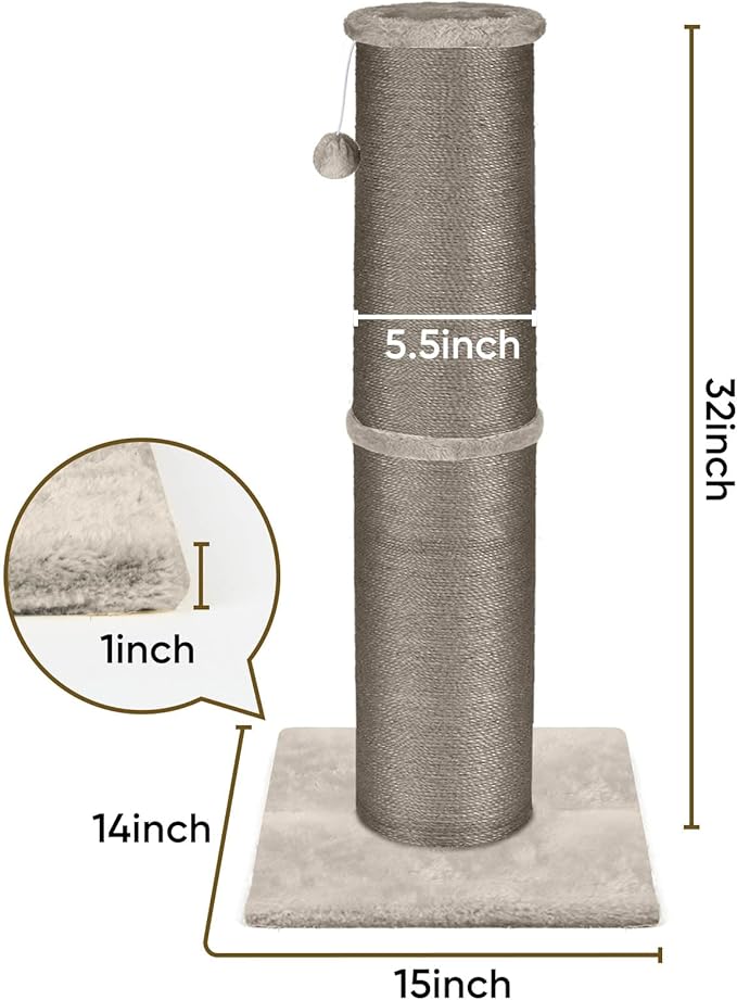 PAWSCRAT Cat Scratching Post 32 Inch High, 5.5 Inch Large Diameter Natural Sisal Cat Scratch Post, Scratch-Resistant and Durable Tall Cat Scratcher for Indoor Cats, Protect Your Furniture, Gery