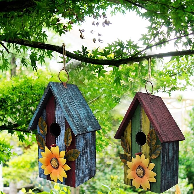 2 Pack Wood Bird House for Outside, Hanging Decorative Bird House Outdoor Garden Patio Yard Rustic Hand-Painted Bluebird Birdhouse Nesting Box for Finch Wren Sparrow Chickadee