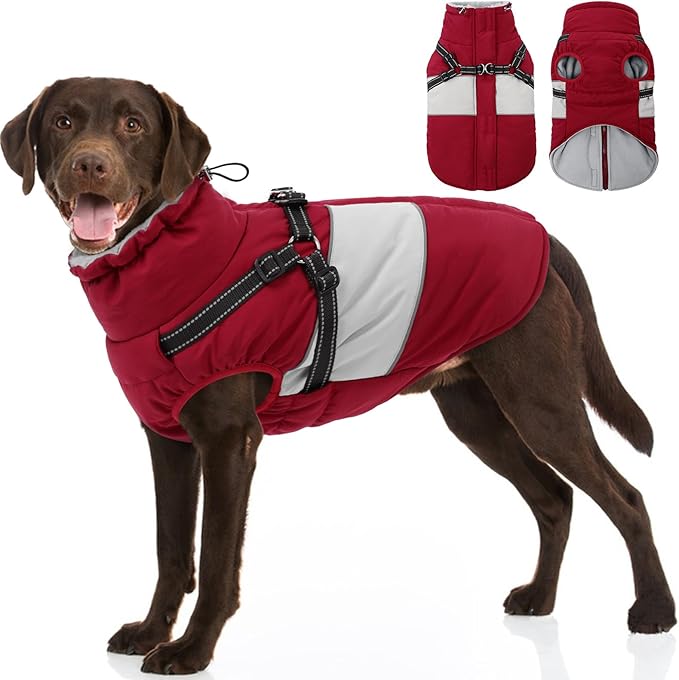 Dog Coat for Large Dogs, Warm Pet Jacket Winter with Harness Built in, Waterproof Pet Snow Jacket with Furry Collar, Reflective Fleece Snowsuit for Extra Large Dogs, Burgundy XL
