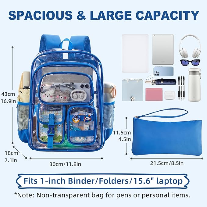 Clear Bookbag with Chest Strap, 17" Heavy Duty See Through Backpack with Anti-theft Hook & S-shaped Shouler Straps, Large Clear Bags for Work Sport School Travel