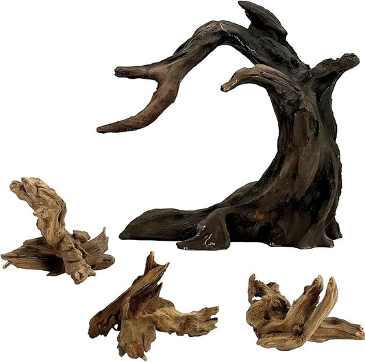 Aquarium Driftwood Decor Set - 1 Anubias Resin Model & 3Pcs Small Natural Driftwood 2-4 inch for Aquascaping, Fish Tank Landscape Design