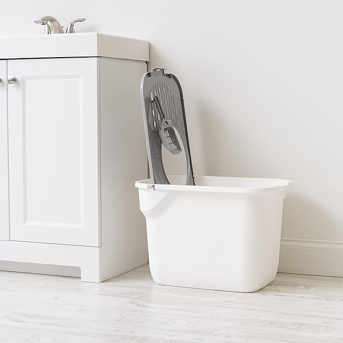IRIS USA Cat Litter Box Large Top Entry with Lid, Enclosed Litter Box with Litter Catching Lid & Scoop, Covered Cat Litter Box Enclosure for Privacy, High Sided, White/Gray