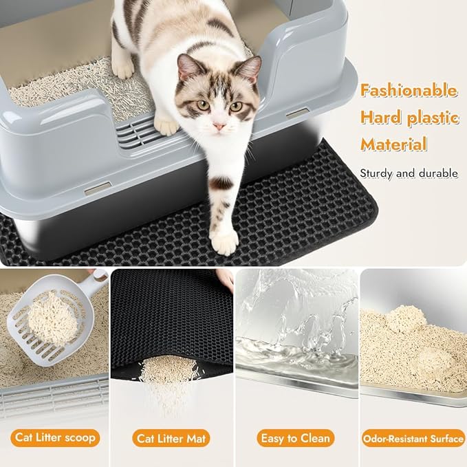 Vivifying Stainless Steel Cat Litter Box, Large Semi-Enclosed Litter Box with Lid and Mat, Anti-Leakage Metal Pan for Easy Cleaning & Odor Control (Gray)