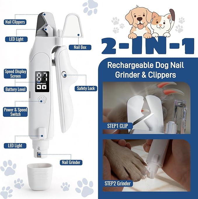 Dog Nail Clippers & Trimmer with Light, Cat Nail Clippers - 2-in-1 Electric Rechargeable Pet Nail Grinder with LED Light & Safety Guard, Cordless for Small Medium Dogs Cats