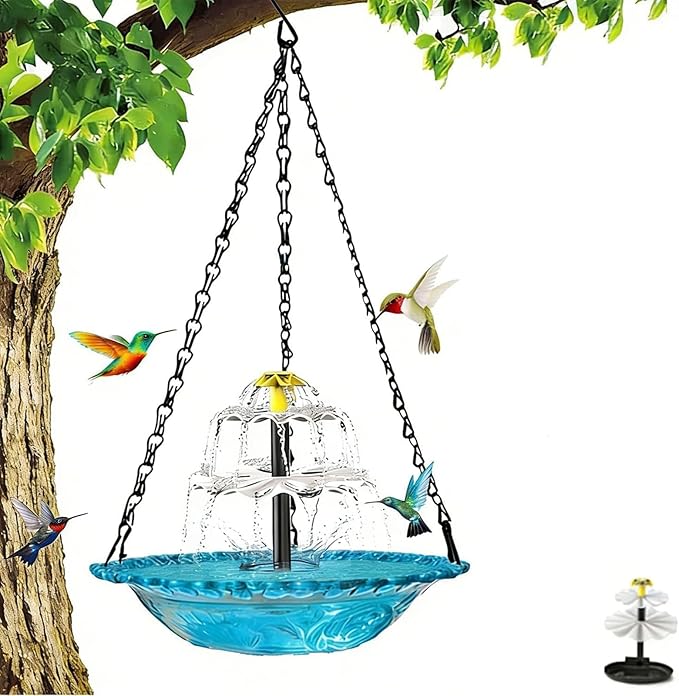Hanging Solar Bird Bath Fountain, Solar Powered Cascading Outdoor Water Fountain, Hanging Bird Bath with Water for Outdoors Garden Patio Backyard Lawn Decor (Blue)