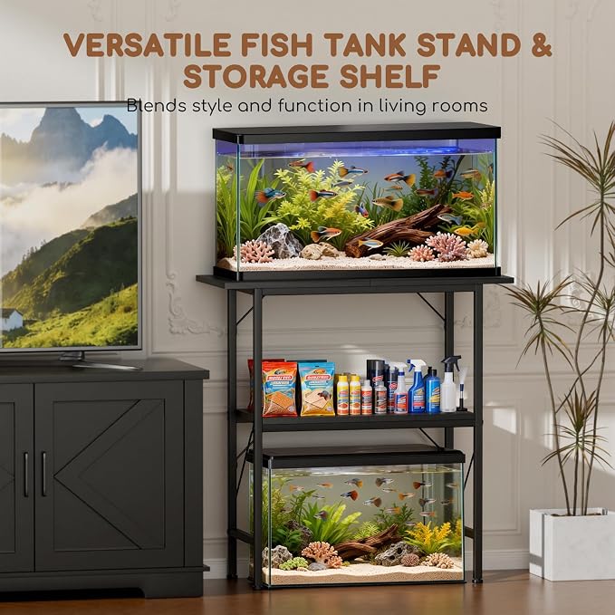 10-30 Gallon Fish Tank Stand with Storage Shelves, 2-Tier Aquarium Stand with Metal Frame, Heavy Duty Reptile Turtle Tank Stand for Home Office, 30" L x 11.8" W x 30.5" H, Black
