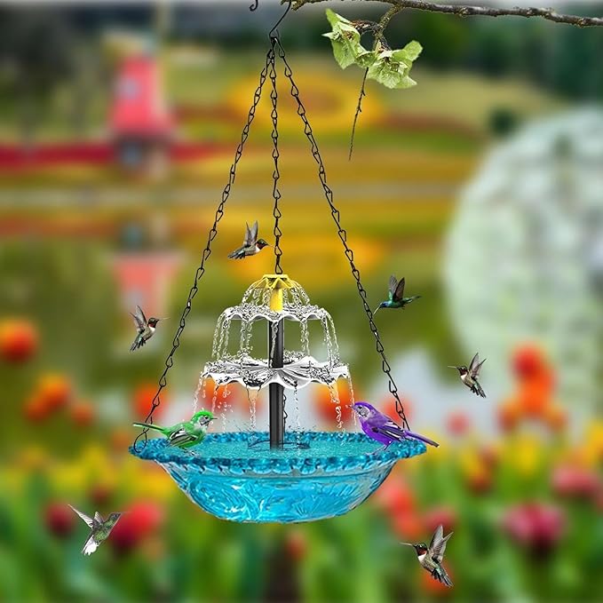 Solar Cascade Hanging Bird Bath Fountain,Solar Powered Cascade Hanging Bird Bath Fountain with Solars Pump,for Outdoor and Gardens (Blue)