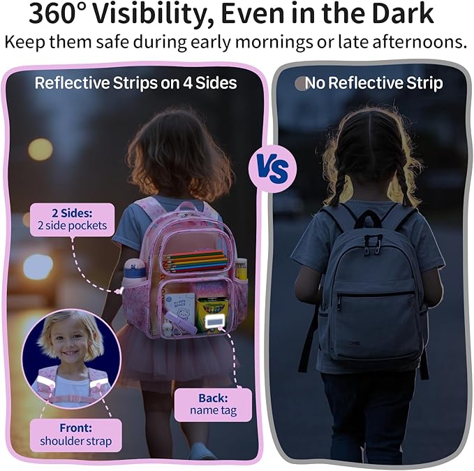 Clear Backpack for Girls, 15 Inch Heavy Duty Transparent Bookbag for Kindergarten to 2nd Grade, PVC See Through Daypack with Reflective Straps, Fits Standard Folders, Pink Unicorn
